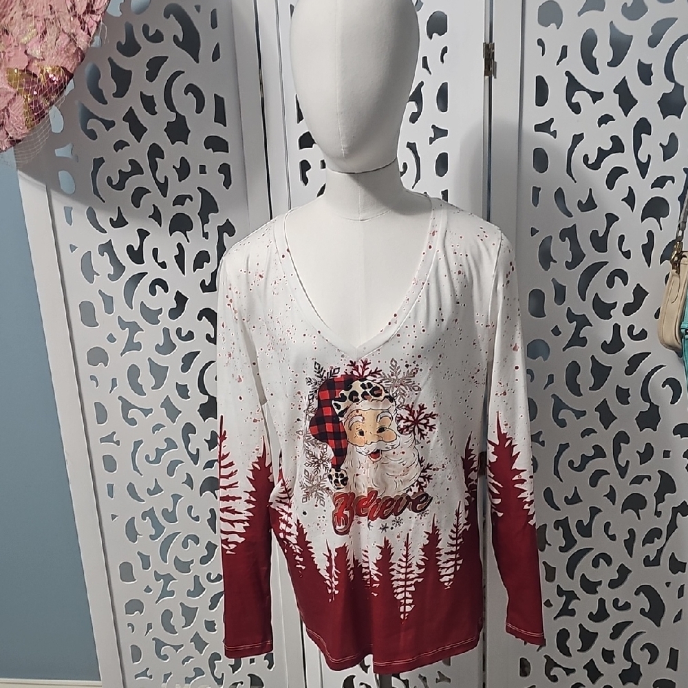 Women's Long Sleeve Santa Believe Top - Red and White